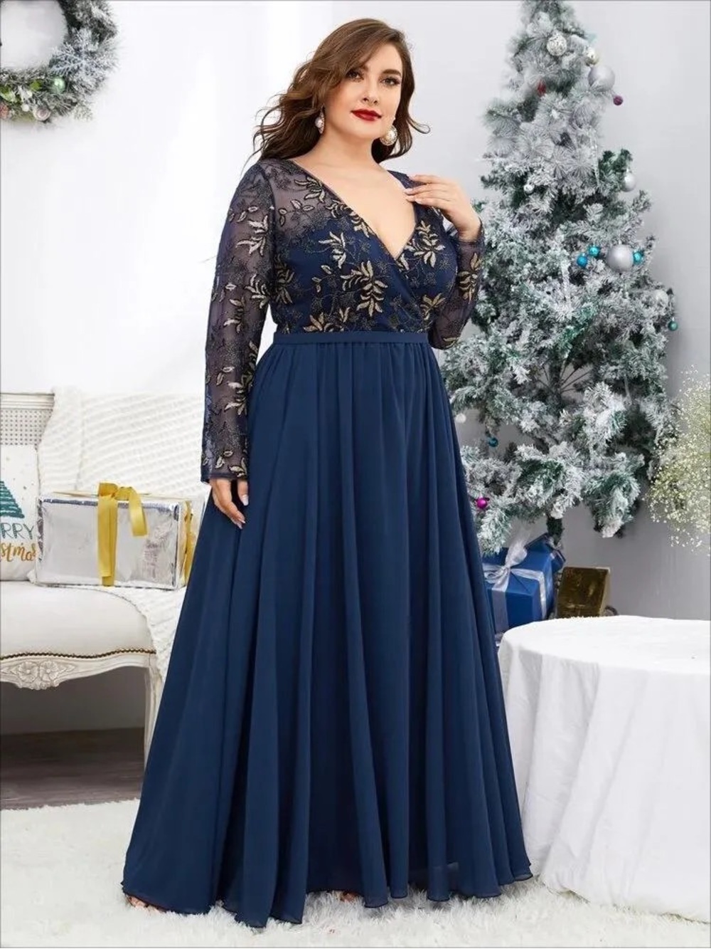 SHEIN Brand Women's size 3XL Navy & Gold Sequin Surplice Front A Line Dress